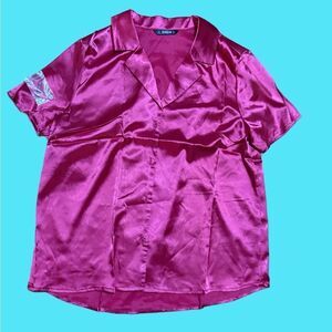SHEIN Bright Pink Satin Button Up Short Sleeve Shirt
